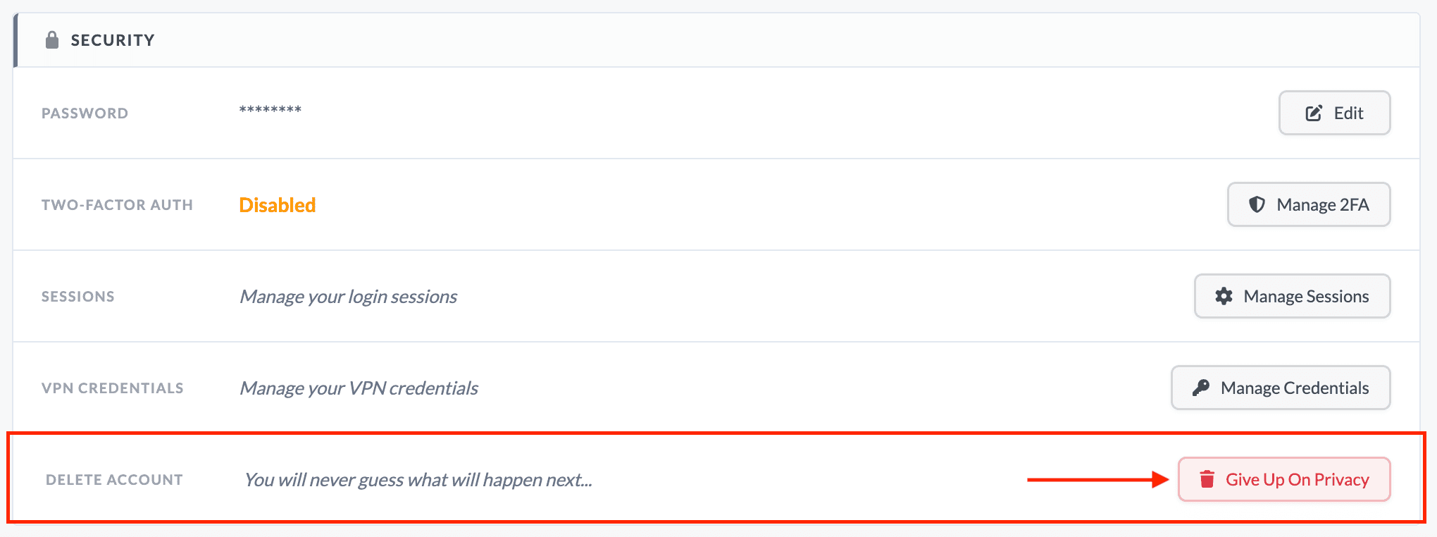 Delete Account area