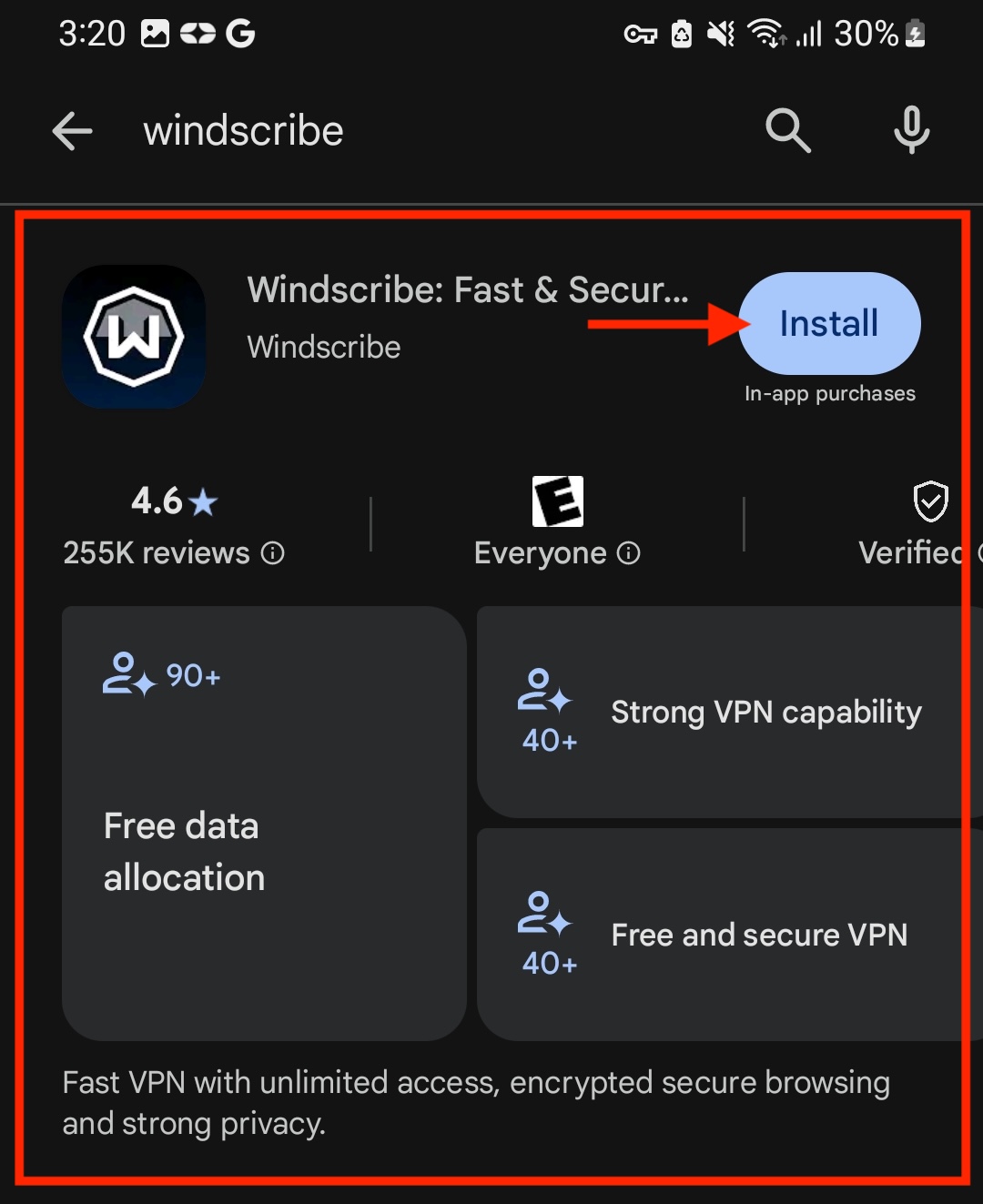Windscribe install from Google Play Store